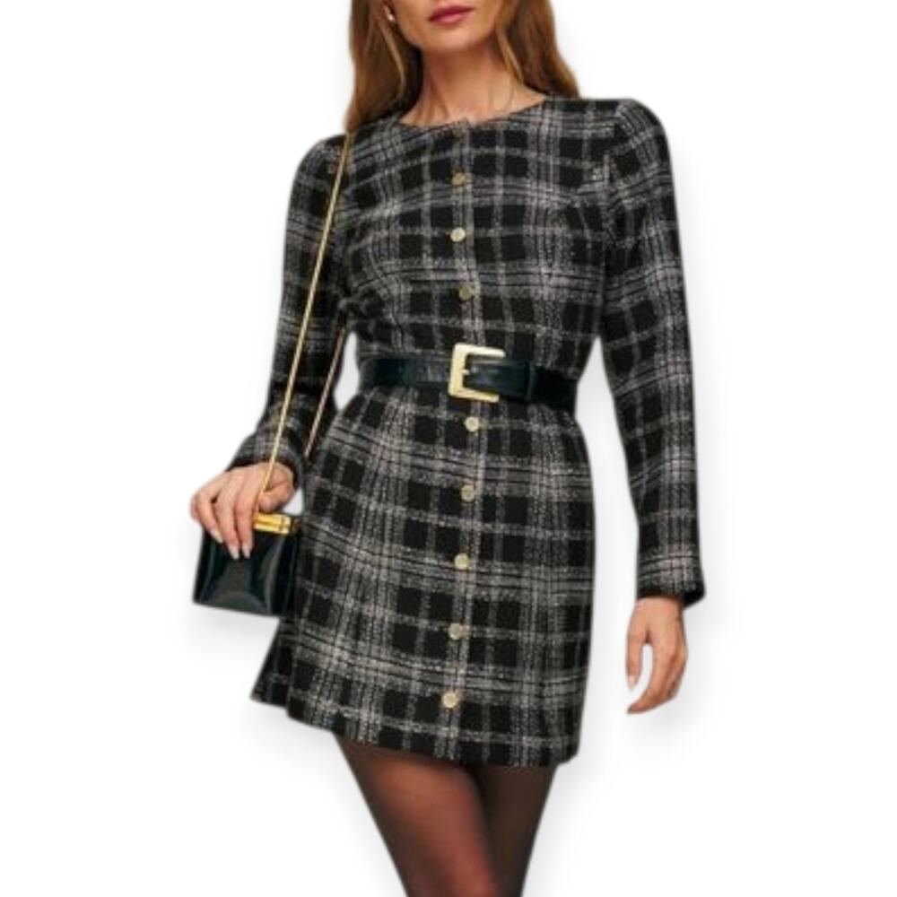 Reformation Oliana Plaid Long Sleeve Dress Black White Tweed Botton Up Academia